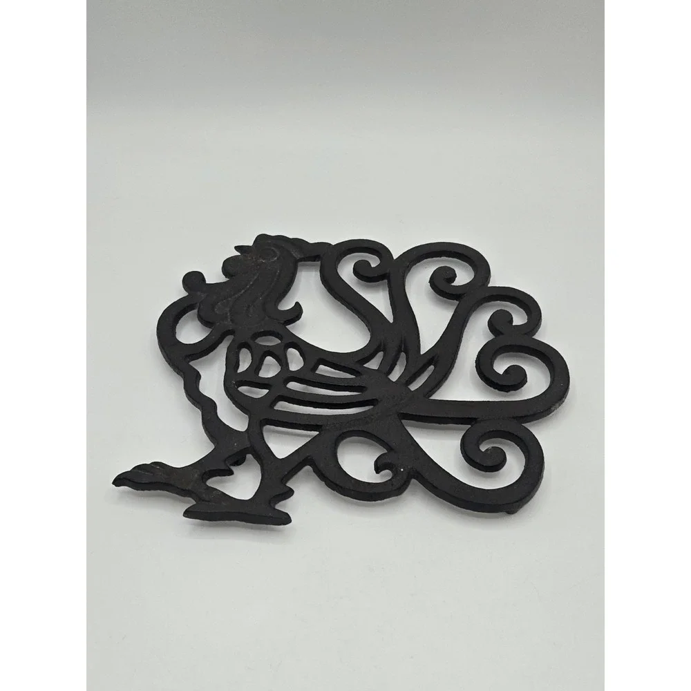 Vintage Cast Iron Rooster Trivet Black Scrollwork Chicken Hot Plate Wall Decor